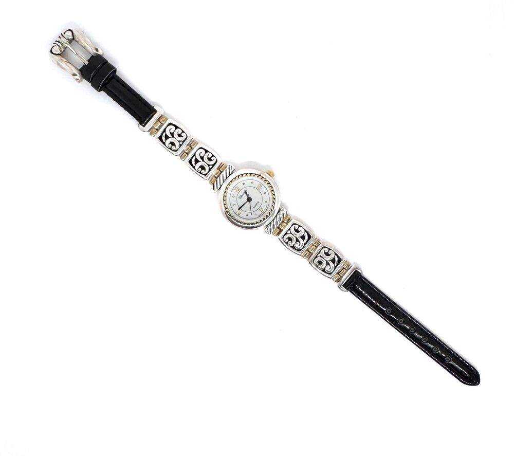 Geneva Silver and Gold Plated LadiesWatch Black Faux Leather Band Item #1033